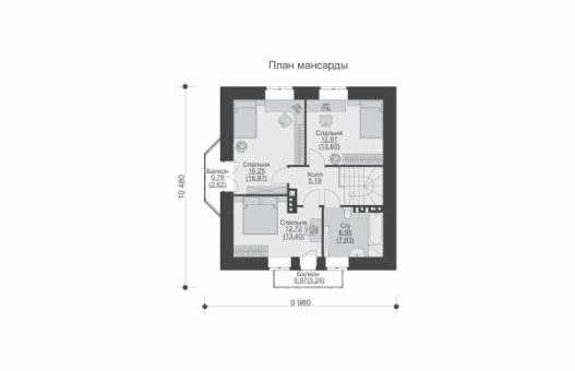 Одноэтажный дом с мансардой, эркером, террасой и балконами